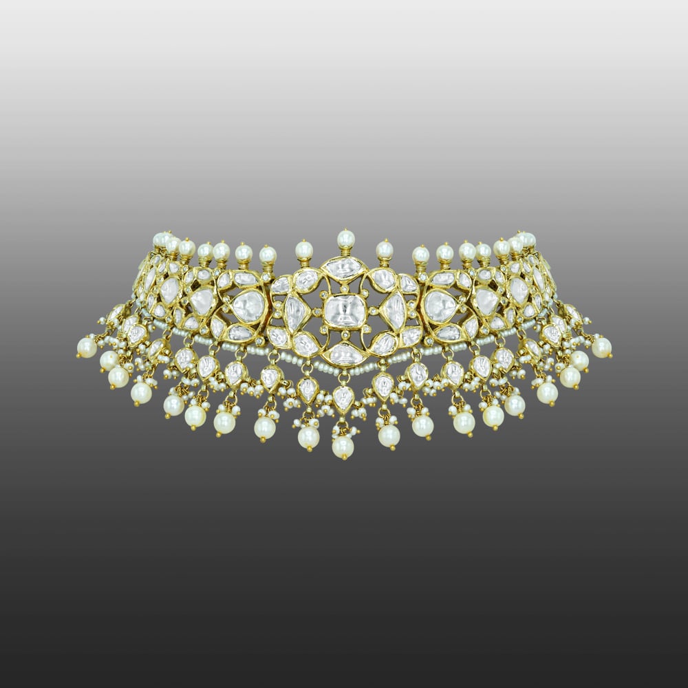 Ivory Polki Choker Set with Pearl Clusters